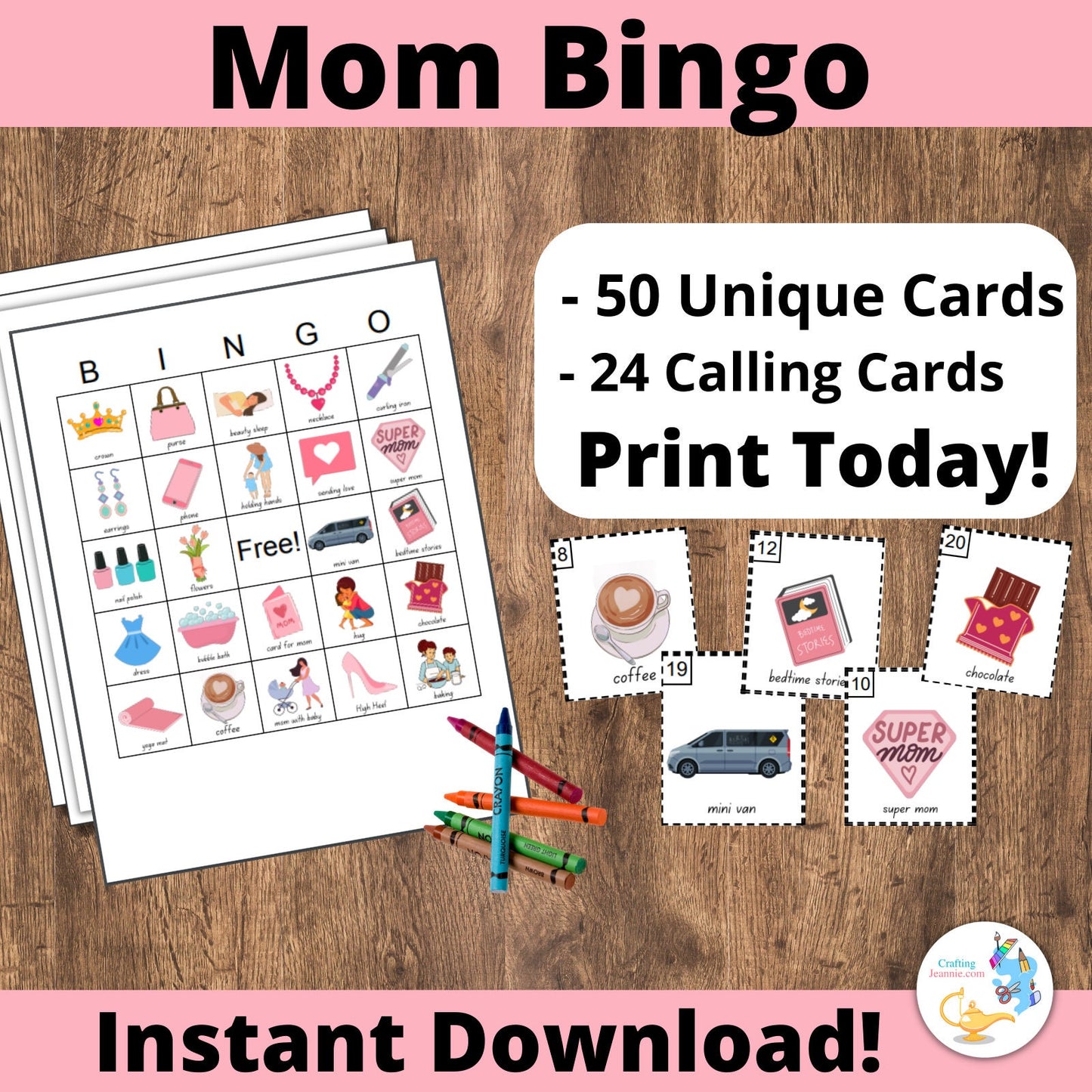 Mother's Day Bingo Cards: 50 Printable bingo cards, mom bingo, mother's day game, mom birthday, tea party, baby shower game, sprinkle