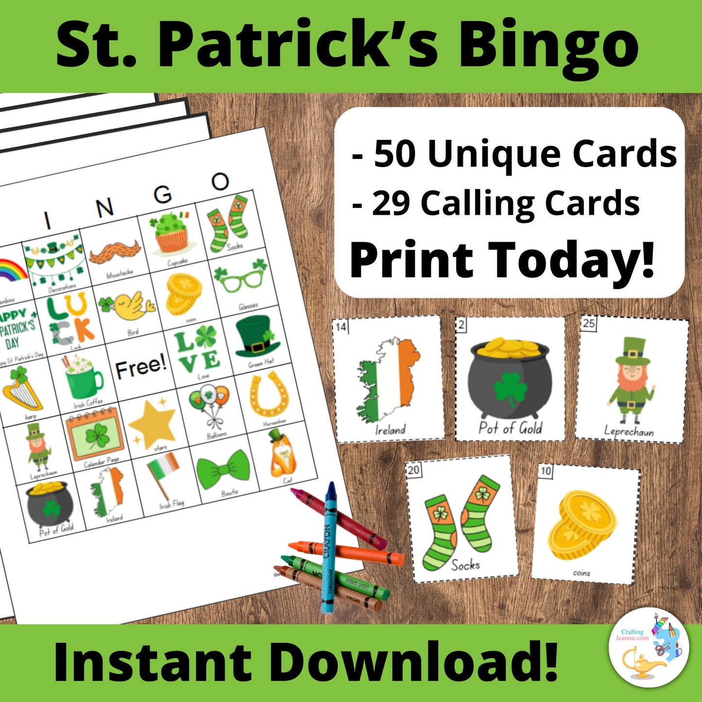 St Patrick Bingo Printable - 50 Unique St Patrick's Bingo Cards DIY Printable Game for St Patrick Day Party. Shamrock Bingo Printable Game.