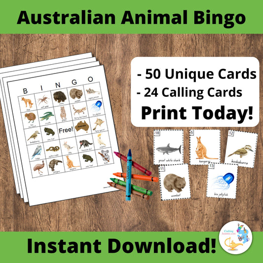 Australia Animal Bingo Printable - 50 Unique Australia Bingo Cards DIY Printable Game. Kangaroo, Koala, Bingo Printable Game- PDF Bingo