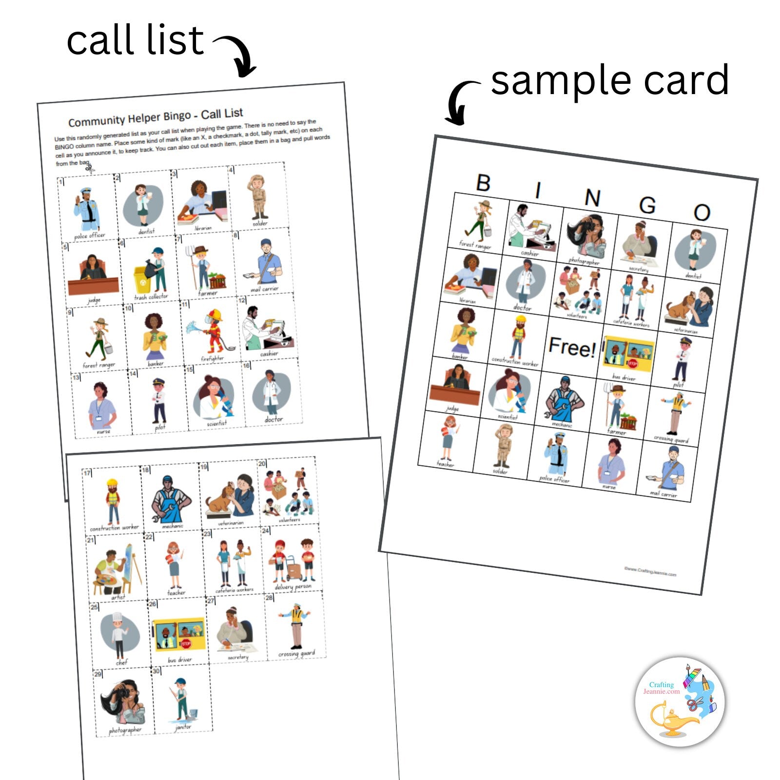 Community Helper Bingo Cards: Printable Bingo cards, colorful bingo set, 50 cards,  job-themed games, fun preschool job game