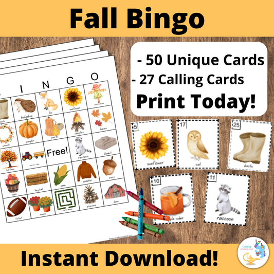 Fall Bingo, 50 Unique Bingo Cards, Kids; Fall Activity, Fall Printable, Fall Bingo Cards, Thanksgiving game, Fall PDF Game