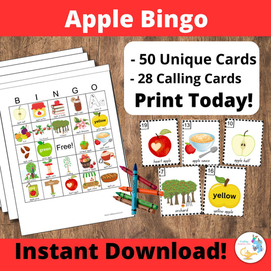 Apple Bingo Cards: Printable bingo cards, 50 cards, kids game activity, Apples, Apple Game, Apple Lesson, Learning about Apples, fall bingo