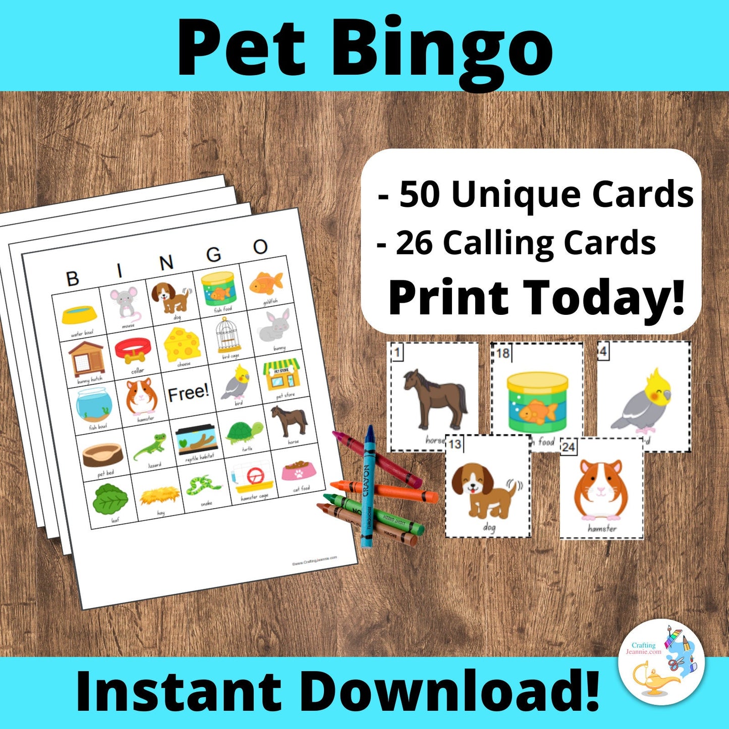 Pet Bingo Cards: Printable bingo cards, 50 cards, kids game activity, Pets, Dog, cat, hamster, Pet Party, Vet Bingo, Vet Party