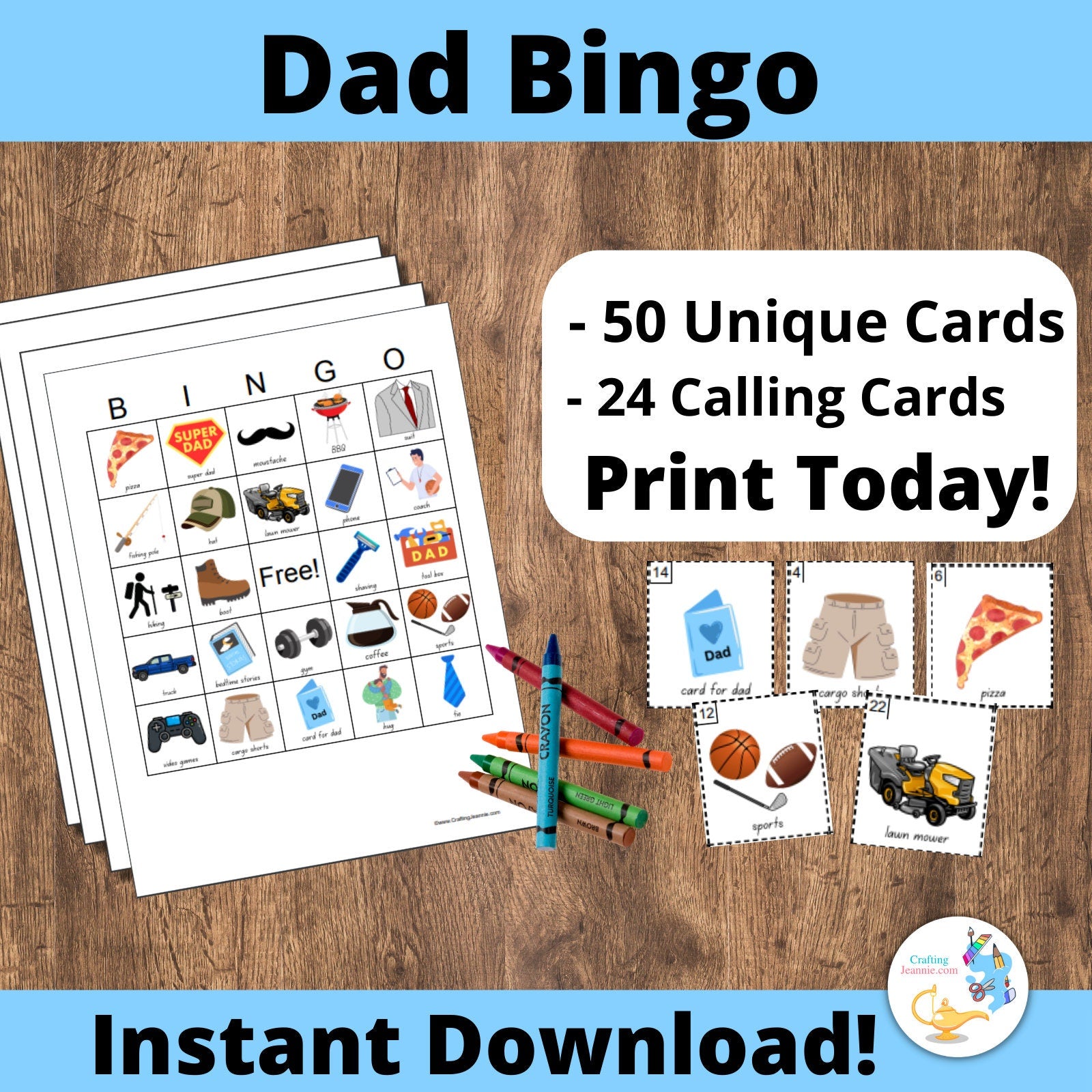 Father&#39;s Day Bingo Cards: 50 Printable bingo cards, dad bingo, father&#39;s Day game, dad birthday, BBQ party, baby shower game, sprinkle