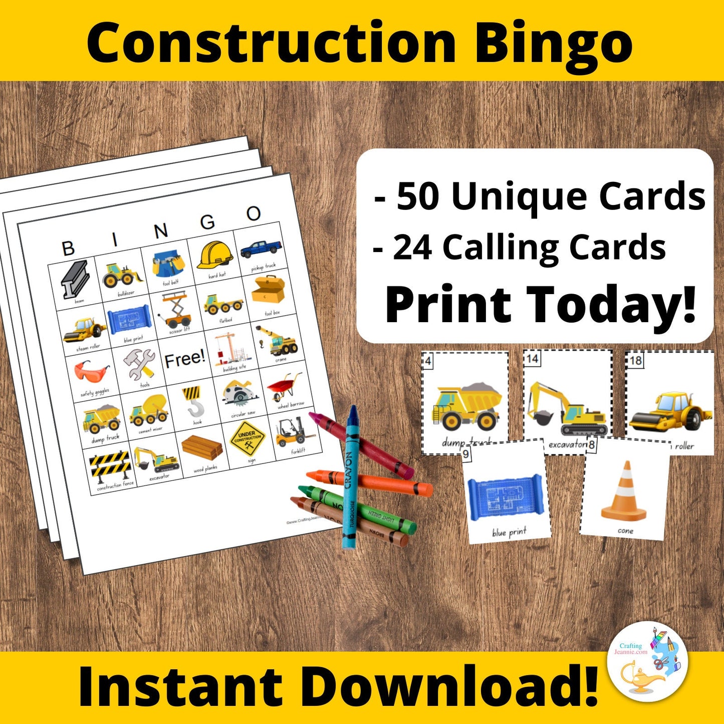 Construction Bingo Printable - 50 Unique Truck Bingo Cards DIY Printable Game. Construction Party Game Bingo Printable Game- PDF Bingo