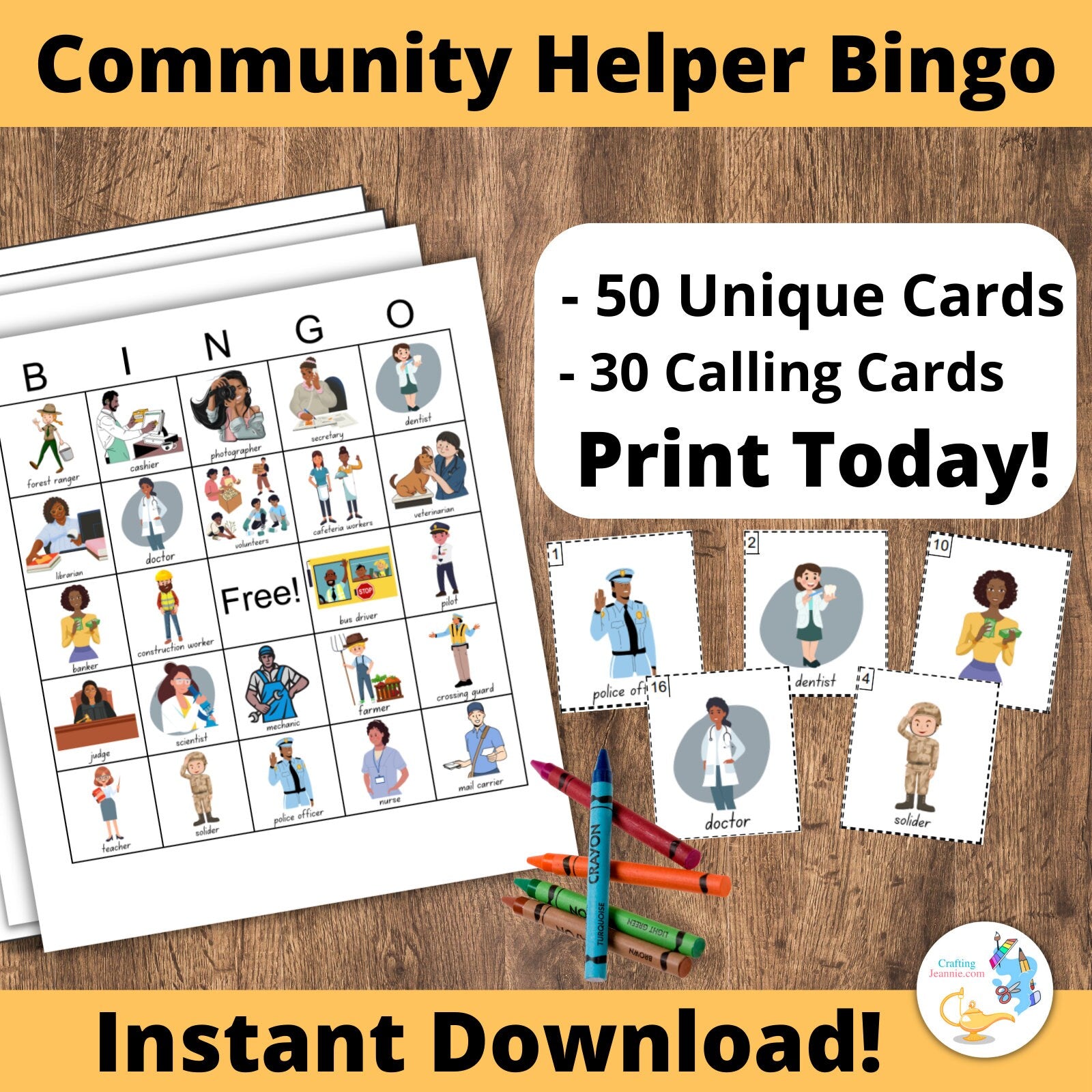 Community Helper Bingo Cards: Printable Bingo cards, colorful bingo set, 50 cards,  job-themed games, fun preschool job game