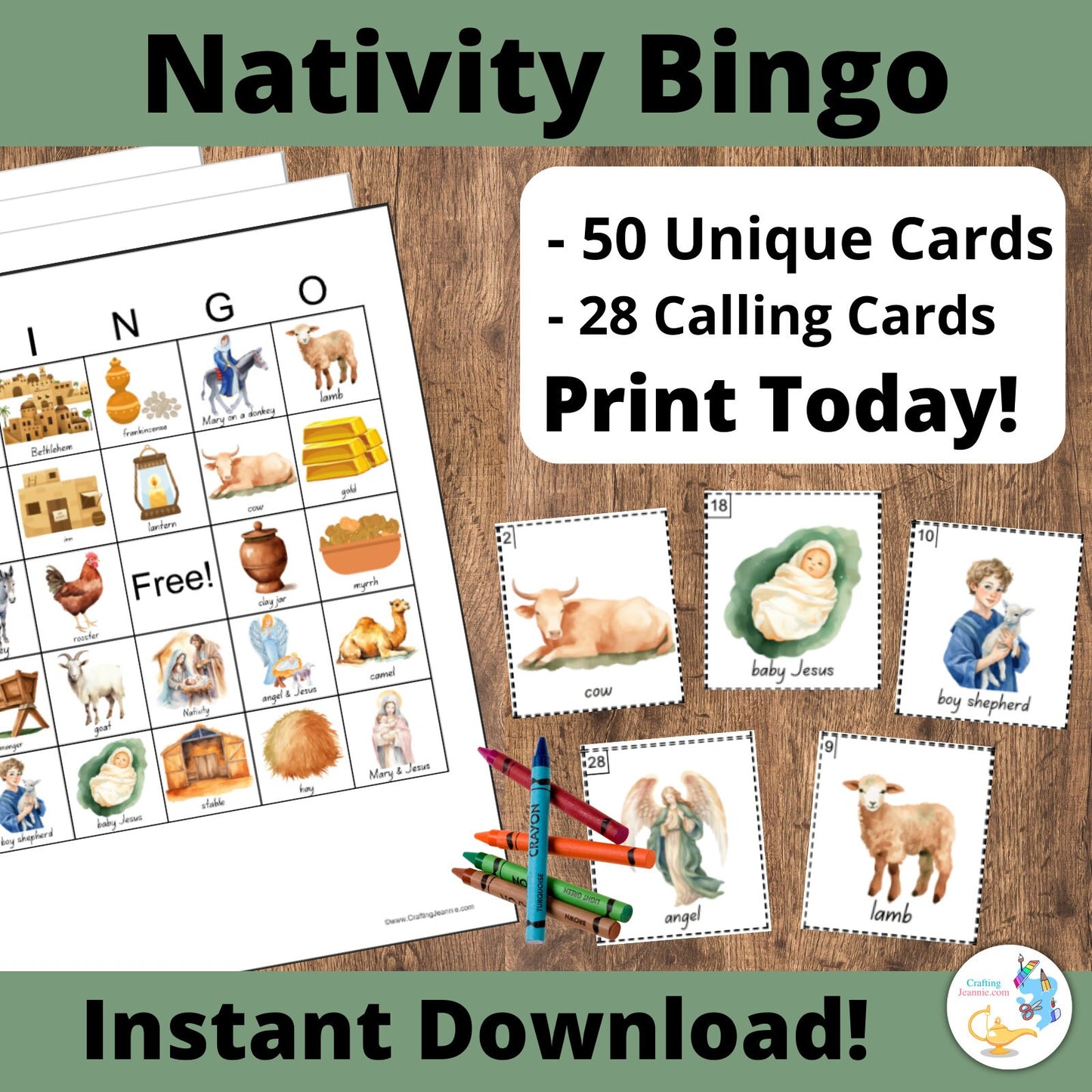 50 Nativity Bingo Cards | Instant Download | Christian Christmas | Calling Cards Included l Activities for Sunday School l Bible Games