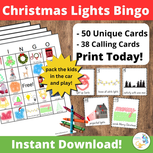 Christmas Lights Bingo - 50 Cards,  Holiday Lights Game, Christmas Game, Christmas Lights Scavenger Hunt, Christmas for Older Kids and Teens