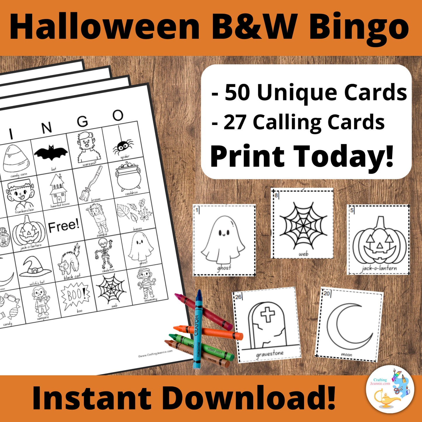 Halloween Black and White BINGO  - 50 Unique Cards