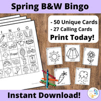 Black and White Spring Bingo Printable 50 Unique Bingo Cards Perfect for Spring and Easter School Parties