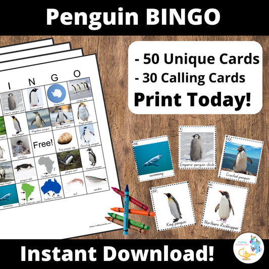 Penguin BINGO 50 Cards, Preschooler game, Arctic Animals, Winter Games for Kindergarten, Activities for Kids, Instant Download, printable