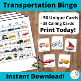 Transportation BINGO - 50 Unique Cards